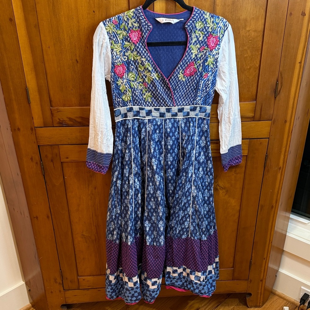 Biba Tiered Maxi Dress w/Floral Accents - Bohemian, Ethnic, Bollywood